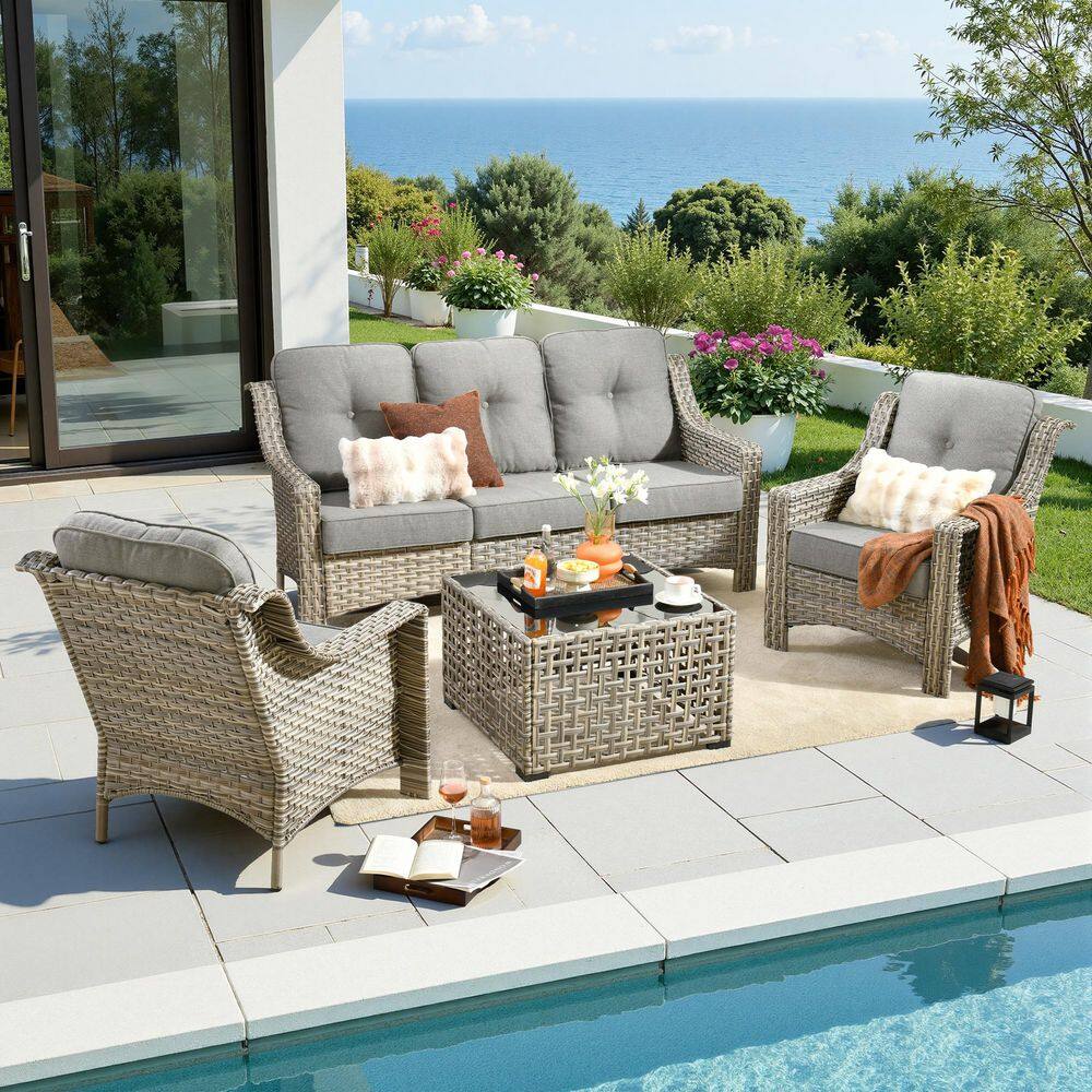HOT SALE 4-Piece Wicker Patio Conversation Set with Coffee Table and Dark Gray Cushions price history on PriceWatchPro