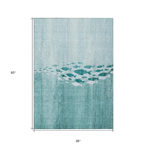 Teal Blue, Aqua, Ivory 3 ft. x 5 ft. Woven Geometric Polyester Rectangle Indoor/Outdoor Area Rug