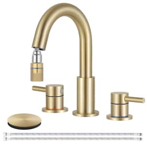 Double Handles 8 in. Widespread Bathroom Sink Faucet 3-Hole with Pull Out Sprayer with Pop-Up Drain in Brushed Gold