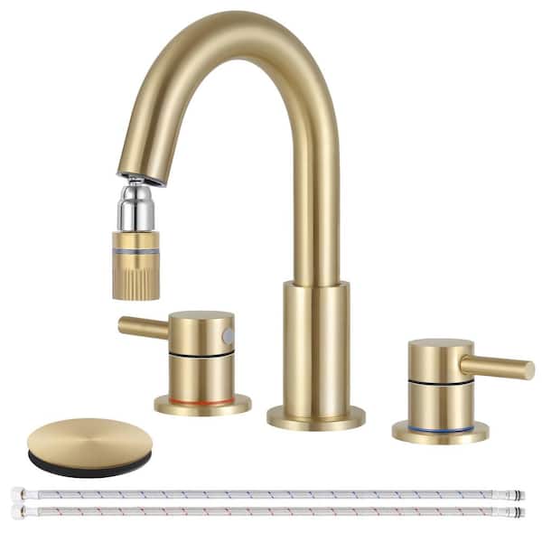 AKLFGN Double Handles 8 in. Widespread Bathroom Sink Faucet 3-Hole with Pull Out Sprayer with Pop-Up Drain in Brushed Gold