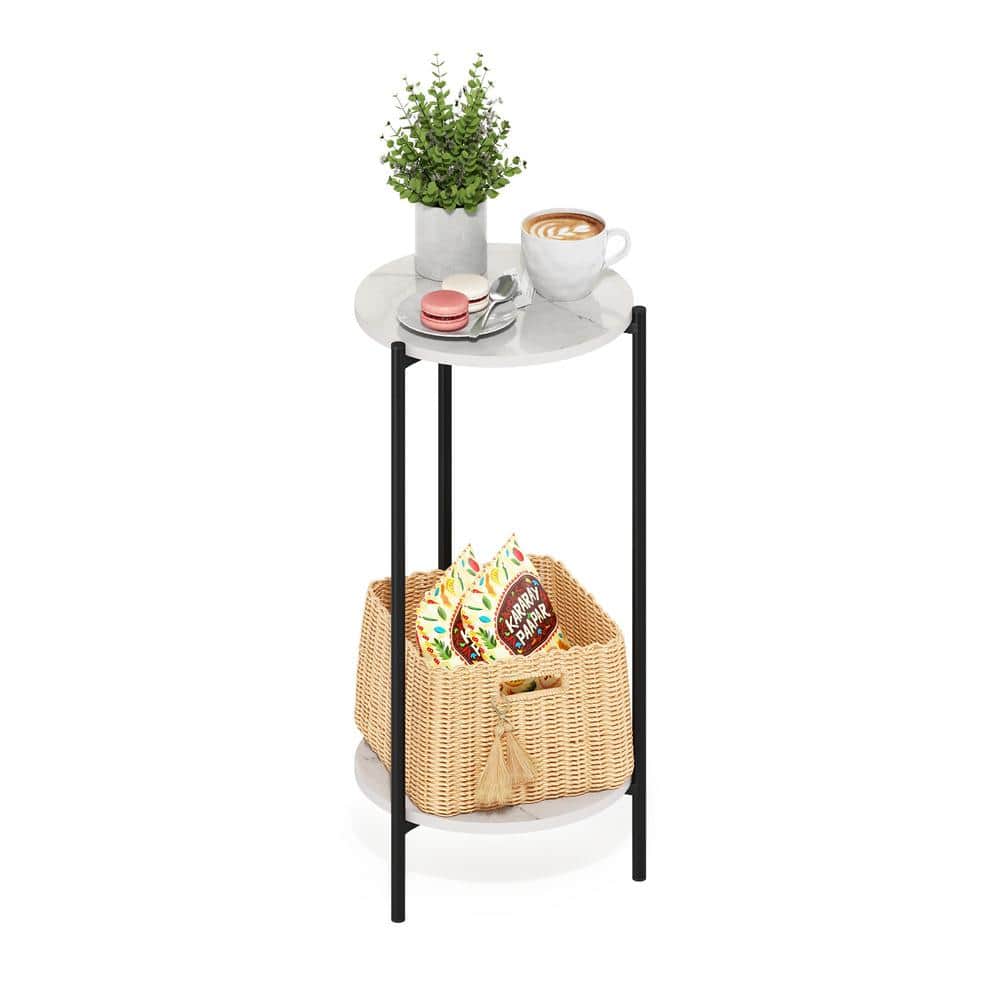 Marble White Round 2-Tier Side Table with Metal Legs