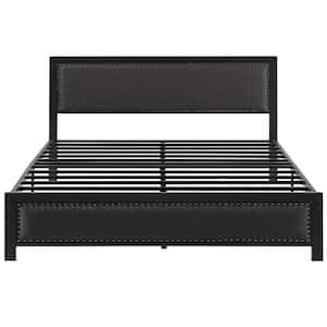 Metal Bed Frame with Black Linen Upholstered Headboard, Platform Bed with 12.6 in. Under Bed Storage and Nailhead, Queen