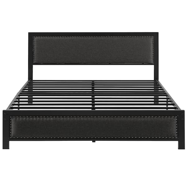 Metal Bed Frame with Black Linen Upholstered Headboard, Platform Bed with 12.6 in. Under Bed Storage and Nailhead, Queen