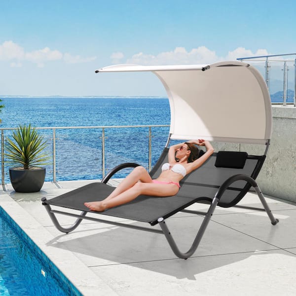 1-Piece Patio Double Outdoor Chaise Lounge in Gray with Sun Shade Canopy, Wheels and Headrest