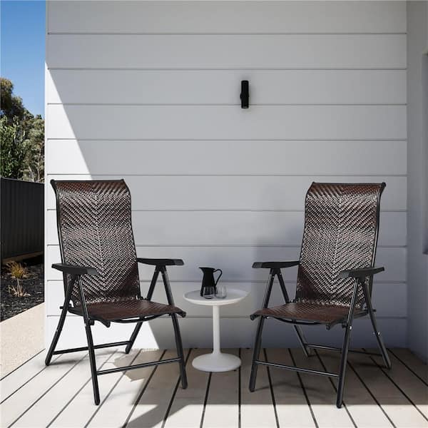 Folding Wicker Patio Recliner Back Adjustable Portable Camping Chair with Armrest (2-Pack)