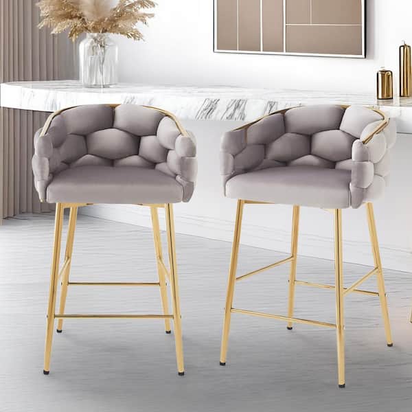 Nivora 28 in. Modern Upholstered Flannelette Counter Stools, Metal Frame, Grey + Gold, Set of 2