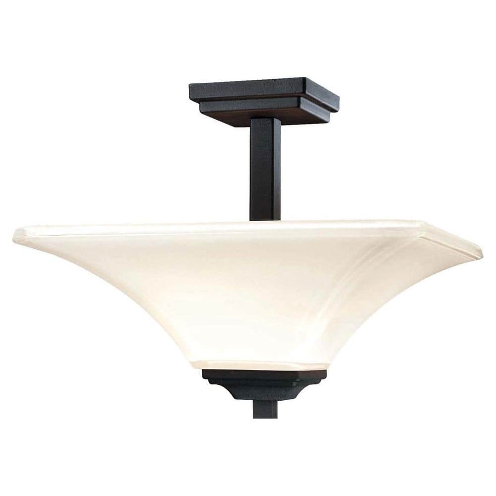 Modern Black Dual-Bulb Semi-Flush Mount with Lamina Blanca Glass