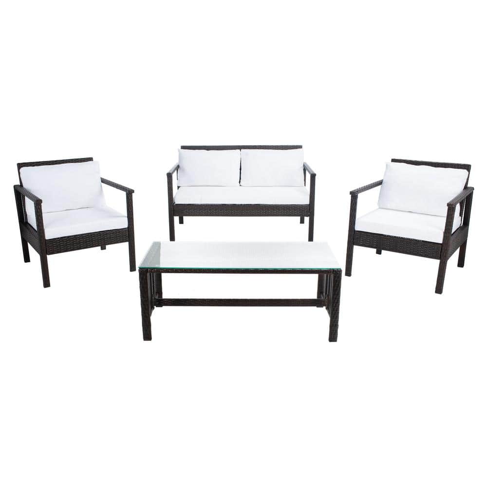 Coastal Charm Brown Wicker 4-Person Outdoor Living Set with White Cushions