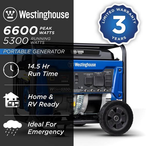 Westinghouse Wgen5300v 6 600 5 300 Watt Gas Powered Portable Generator With Rv And Transfer Switch Ready Outlets For Home Backup Wgen5300v The Home Depot Westinghouse Wgen5300v 6 600 5 300 Watt Gas Powered Portable Generator With Rv And Transfer Switch Ready Outlets For Home Backup Wgen5300v The Home Depot