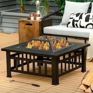 32 in. 3-In-1 Outdoor Square Fire Pit Table with BBQ Grill Rain Cover for Camping