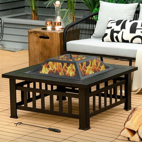 32 in. 3-In-1 Outdoor Square Fire Pit Table with BBQ Grill Rain Cover for Camping