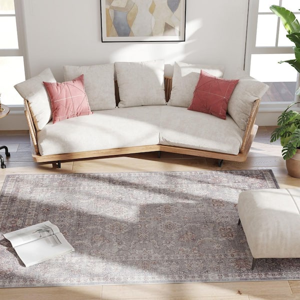 Area Rug 5 ft. x 7 ft. Machine Washable Rug, Traditional Cover Rug for Living Room, Bedroom, Dining Room, Grey and Brown