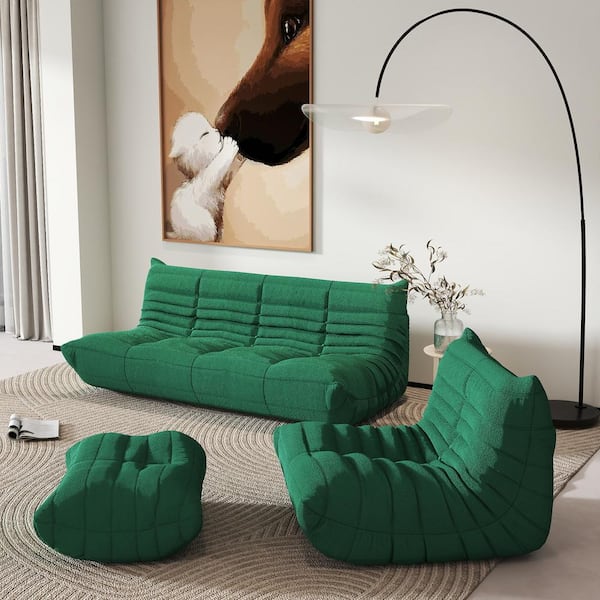 Magic Home Set of 3 Green Teddy Velvet Polyester Large (45-72 in.)Fireside Lazy Sofa Rebound Sponge Floor Couch with Chair, Ottoman