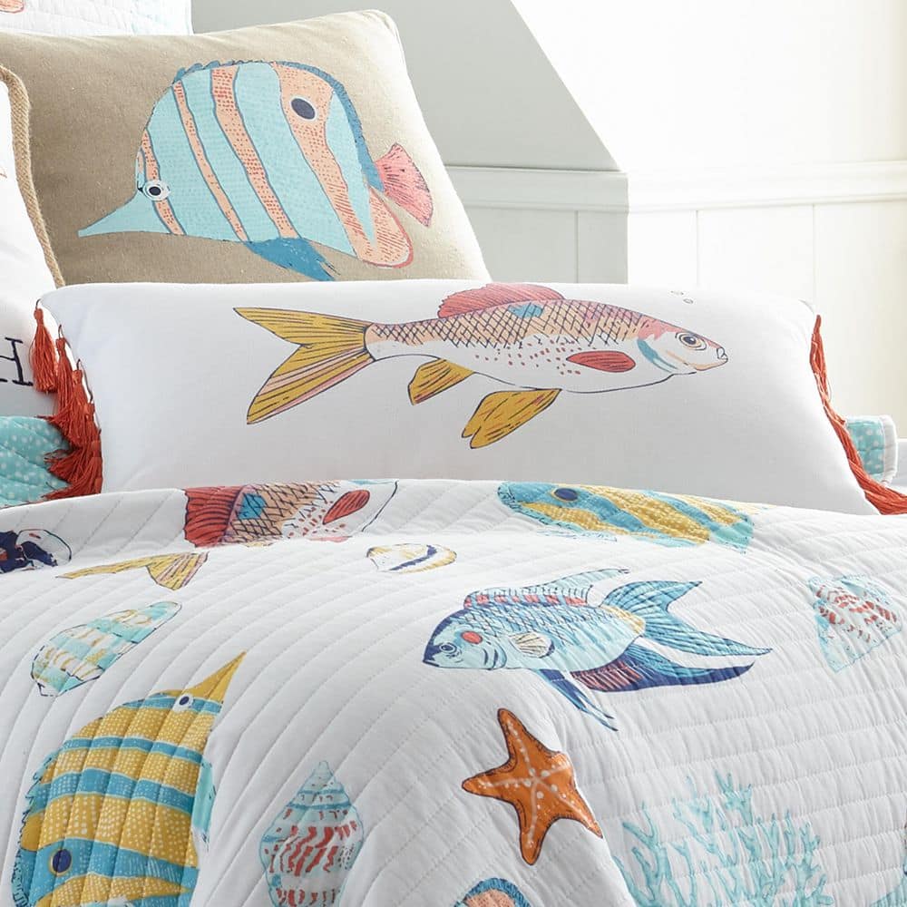 Barrier Reef White Fish Print Pillow with Red Tassels