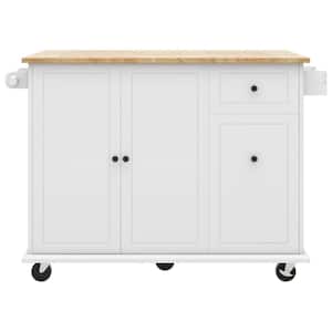 White Wood 53 in. Rolling Kitchen Island with Drop Leaf & 3 Tier Pull Out Cabinet Organizer & Spice Rack & Towel Rack