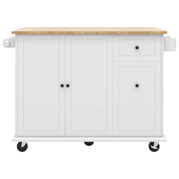 Tileon White Wood 53 in. Rolling Kitchen Island with Drop Leaf & 3 Tier Pull Out Cabinet Organizer & Spice Rack & Towel Rack