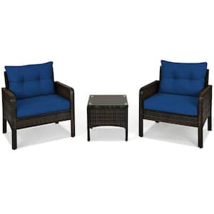 3-Pieces Outdoor Wicker Patio Conversation Furniture Set with Navy Blue Cushion