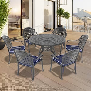 Isabella Black 7-Piece Cast Aluminum Outdoor Dining Set with Round Table and Dining Chairs and Random Color Seat Cushion