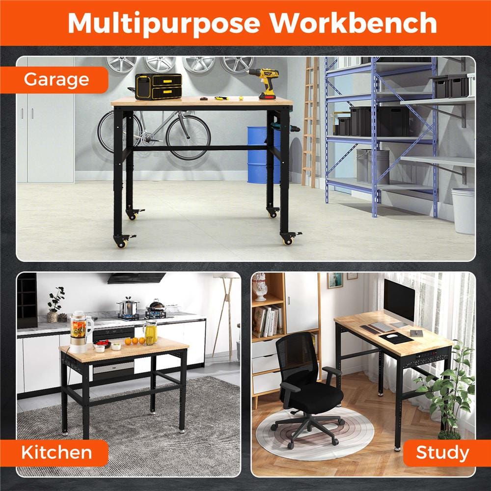 48'' Adjustable Oak Wood Top Workbench with Steel Frame and Power Outlets
