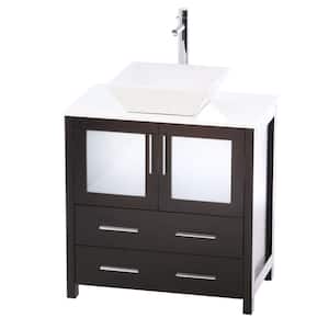 Torino 30 in. Vanity in Espresso with Glass Stone Vanity Top in White with White Basin and Mirror (Faucet Not Included)