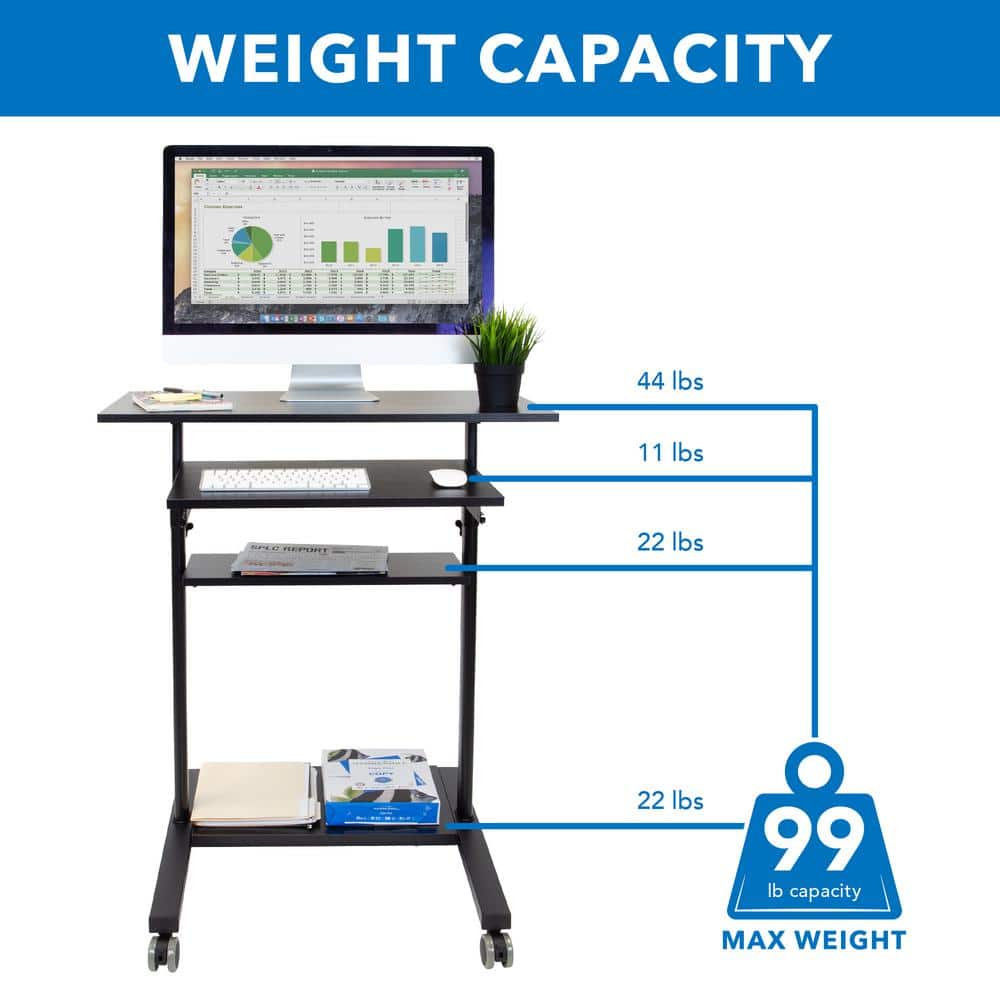 Adjustable 32" Black Wood Mobile Sit/Stand Desk with Keyboard Tray