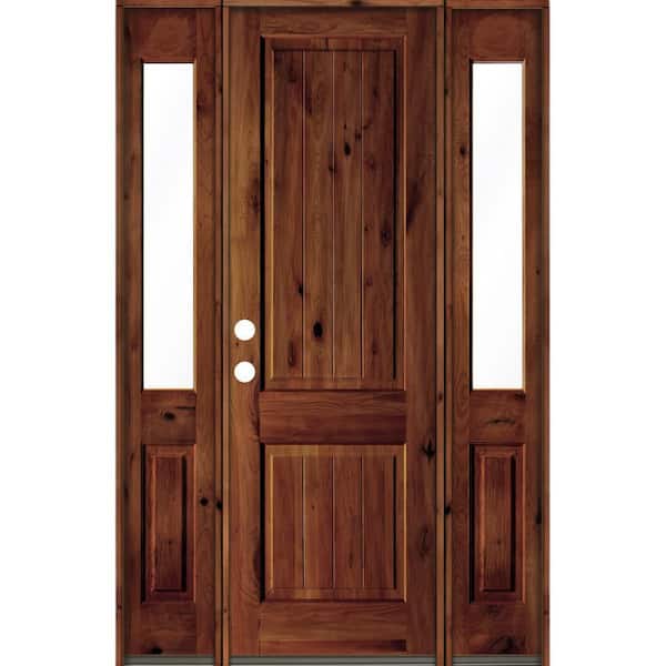 Krosswood Doors 58 in. x 96 in. Rustic Alder Square Red Chestnut Stained Wood V-Groove Right Hand Single Prehung Front Door