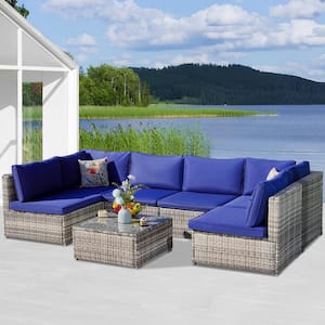 Modern & Comfortable 7-Piece Metal Wicker Outdoor Sectional Set with Navy Blue Cushions