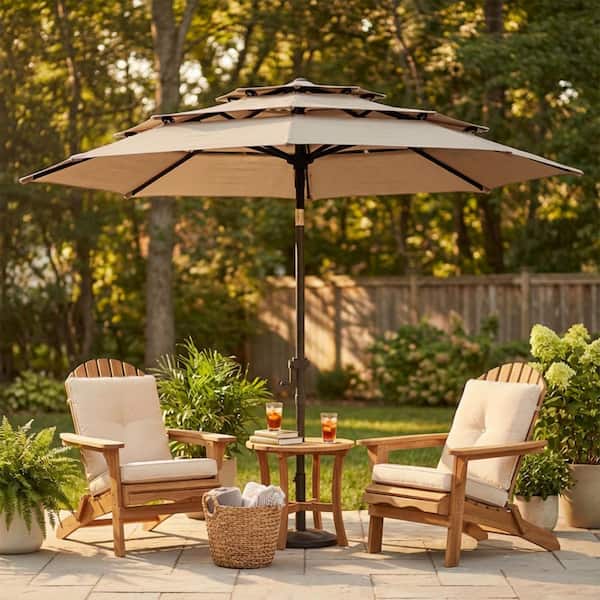 9 ft tan patio umbrella lohasco 9 ft. 3-Tier Market Patio Umbrella with Push Button Tilt and Crank in Tan