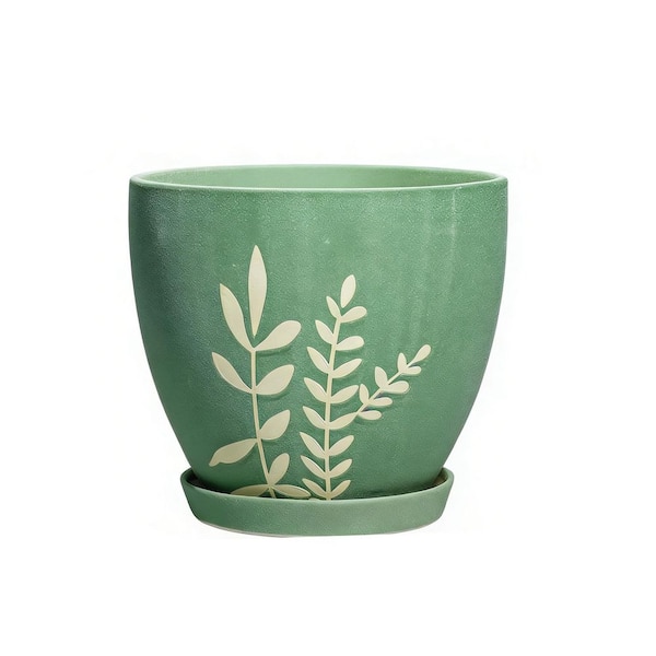 OGETFUUR Green Ceramic Planter with Drainage and Saucer, Decorative Flower  Pot (8.3 in. W x 7.3 in. H) HO0D-8N7 - The Home Depot