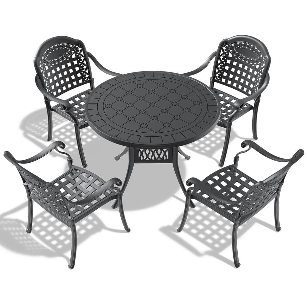 5-Piece Black Frame Cast Aluminum Outdoor Dining Set, with Round Table, with Seat Cushions In Random Colors