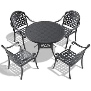 5-Piece Black Frame Cast Aluminum Outdoor Dining Set, with Round Table, with Seat Cushions In Random Colors