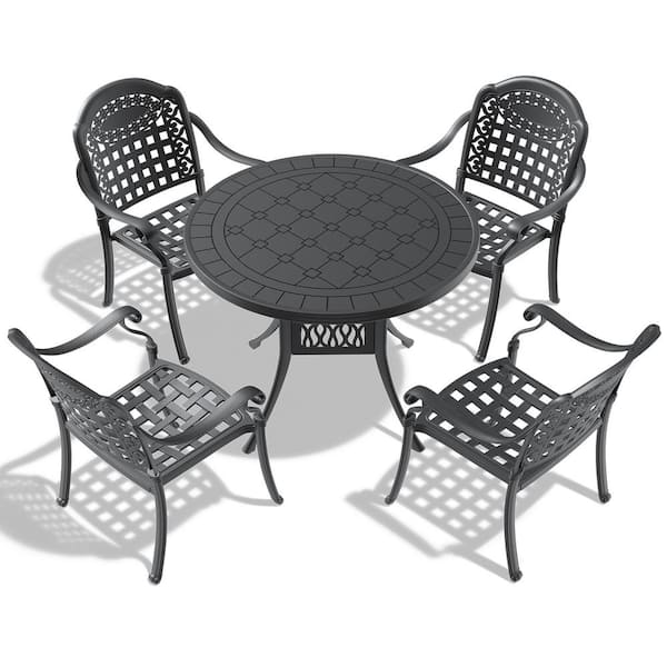 Unbranded 5-Piece Black Frame Cast Aluminum Outdoor Dining Set, with Round Table, with Seat Cushions In Random Colors