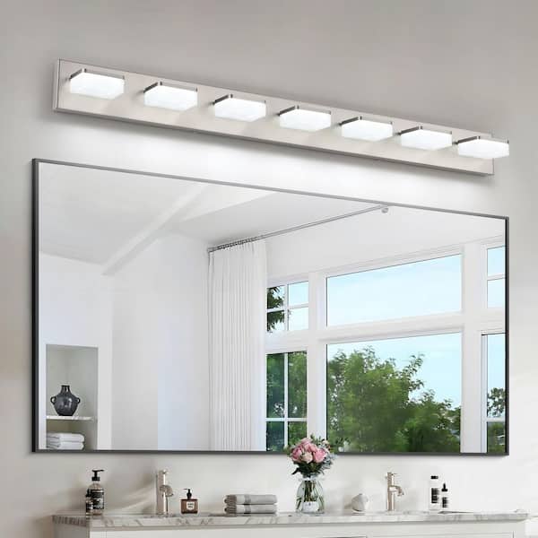 JUSHENG 45.67 in. 7-Light Nickel LED Vanity Light with Dimmable 5500K Light and 270° Swivel Range Acrylic Lampshade