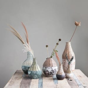 Hand-Woven Rattan and Clay Vase in Distressed Finish (Set of 2)