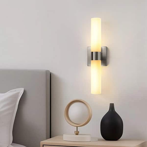 18 in. 2-Light Brushed Nickel and White Double Tube Wall Sconce, Sleek Up and Down Light Fixture for Bathroom, Bedroom