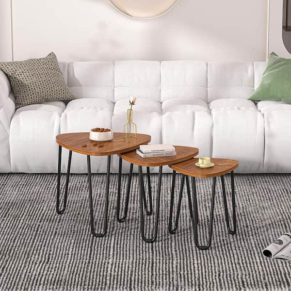 Nesting Coffee Table Set of 3, 22 in. Brown Oval MDF Coffee Table with Stacking Side Tables for Living Room, Small Space