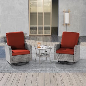 3-Piece Gray Wicker Patio Swivel Rocking Bistro Set with Side Table, Rust Red Cushion