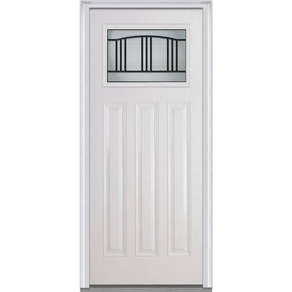 MMI Door 36 in. x 80 in. Madison Right-Hand Craftsman 1/4 Lite 3-Panel Classic Primed Fiberglass Smooth Prehung Front Door