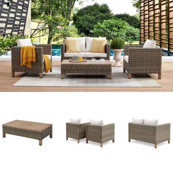 4-Piece Wicker Patio Conversation Set with Beige Cushions