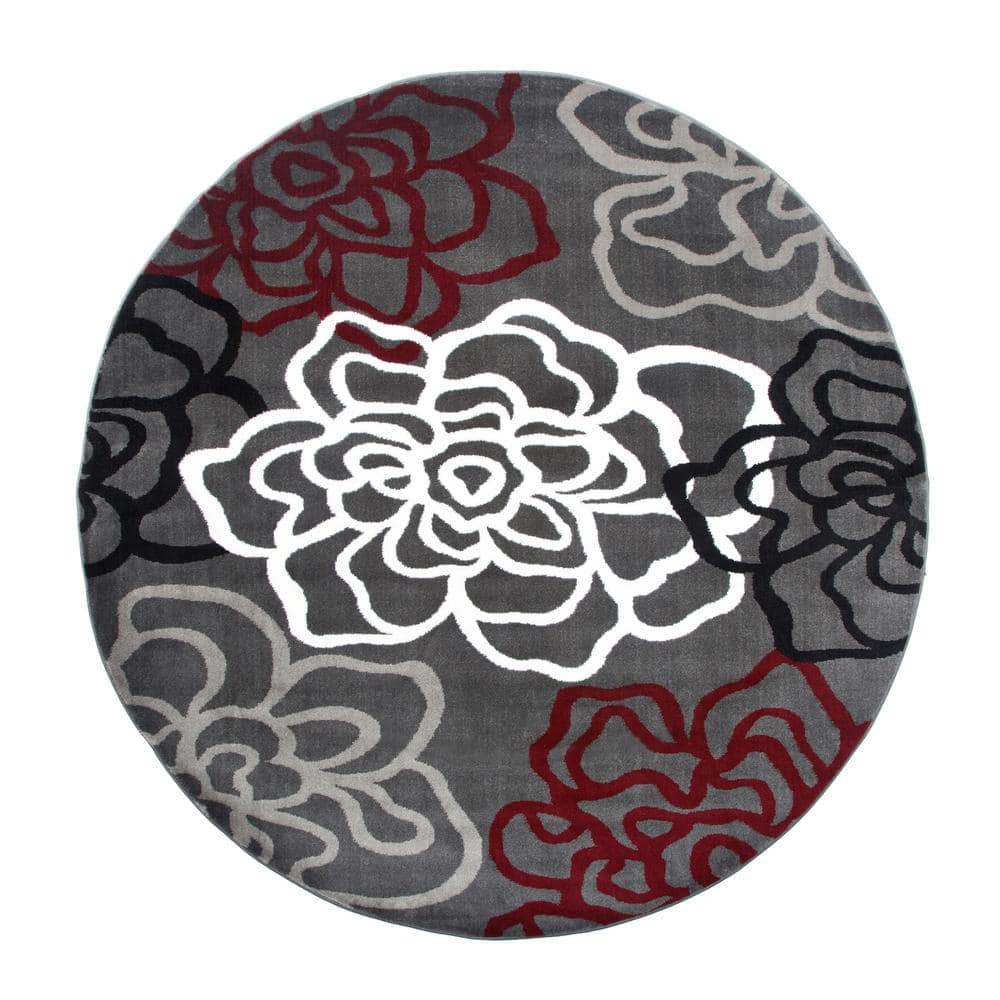 World Rug Gallery Contemporary Floral Red/Gray Indoor 6 ft. 6 in. Round ...