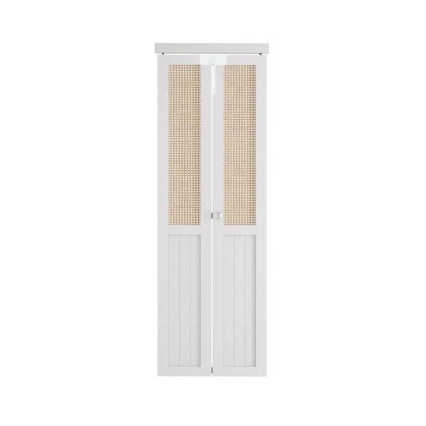 30 in. x 80 in. Half Cane Webbing & Wood Half Solid Core White PVC Covering MDF Bi-fold Door with Locks and Handles