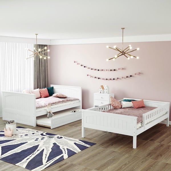 White Full Over Full Bunk Bed with Twin Size Trundle, Pine Wood Bunk Bed with Guardrails