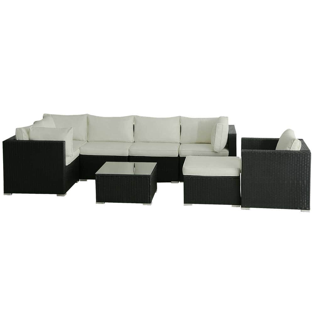 8-Piece Black Wicker Outdoor Sectional Set with Beige Cushions and Coffee T