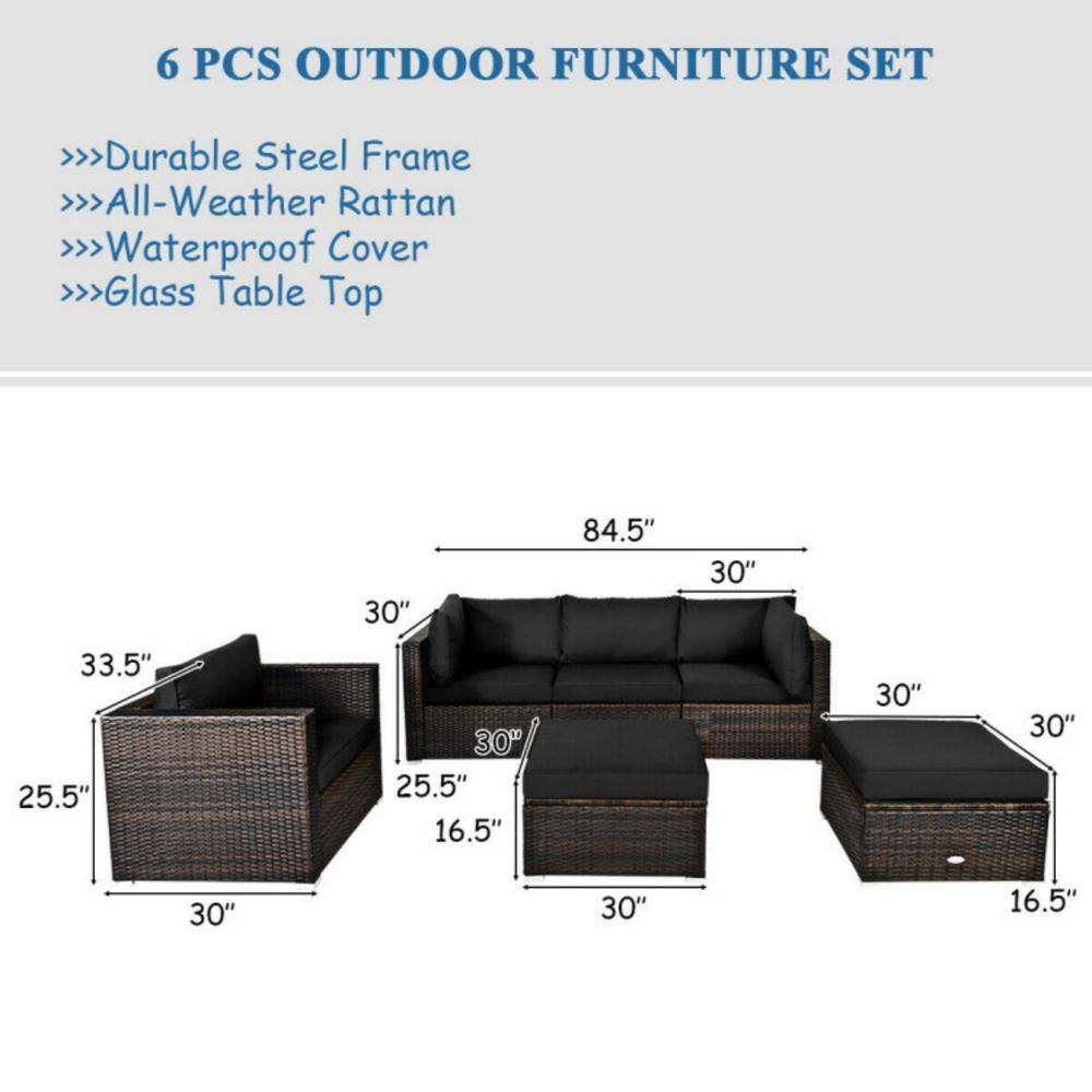 6-Piece Black Rattan Outdoor Patio Furniture Set with Cushions