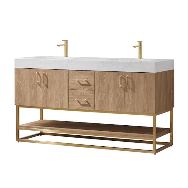 Alistair 60 in. Bath Vanity in North American Oak with Grain Stone Top in White with White Basin