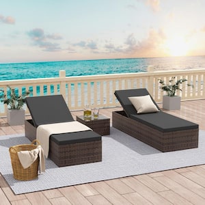 Bowman Multi-Brown 3-Piece Wicker Outdoor Chaise Lounge with Gray Cushion Set