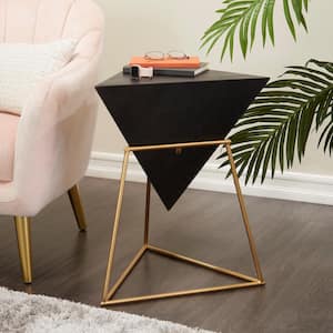 17 in. Black Inverted Pyramid Geometric Large Triangle Wood End Table with Gold Metal Stand