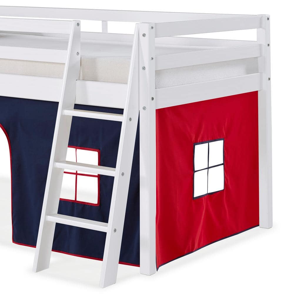 White Twin Pine Wood Loft Bed with Blue and Red Tent