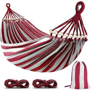 9 ft. 2 Person Durable Canvas Fabric Hammocks with Two Anti Roll Balance Beam and Sturdy Metal Knot Tree(Red White)