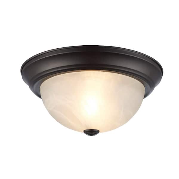 Bel Air Lighting Browns 11 in. 2-Light Oil Rubbed Bronze Flush Mount Ceiling Light Fixture with White Marbleized Glass Shade